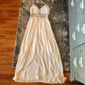 Crochet halter top backless white dress.
